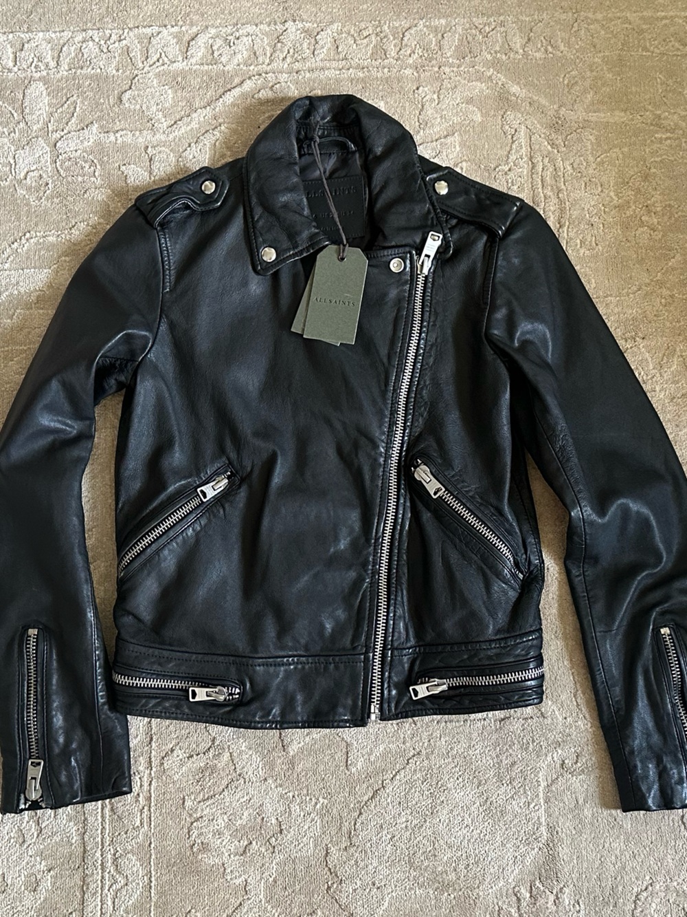 AllSaints Black Leather Biker Jacket with Silver Hardware Bourne Biker